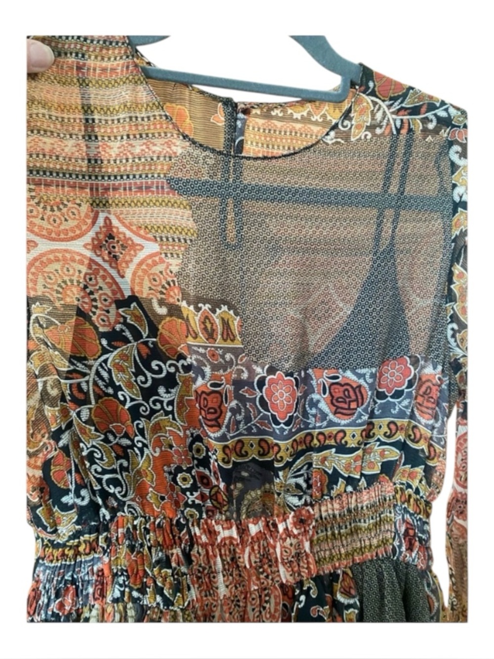 Zara Boho Patchwork Midi Dress Sheer Long Sleeve Smocked Waist Paisley M - Picture 3 of 11